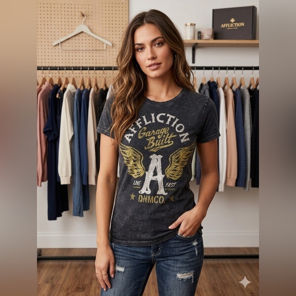 Affliction Tops - Affliction Women's Charcoal and Gold Graphic Stretchy Slim Fit - Size Medium